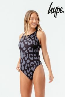 Hype. Damen Badeanzug mit Leopardenmuster und Schriftzug, Schwarz (C96919) | 27 €