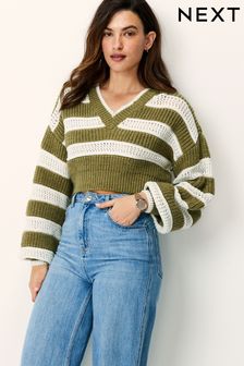 Zelena - Črtast odrezan pulover z V-izrezom (C97107) | €16
