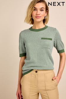 Sage Green Chevron Pattern Short Sleeve Knit Top (C97115) | 19 €