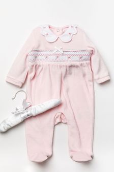 Rock A Bye Baby Boutique Pink Rose Detail Velour Sleepsuit (C97221) | €22.50