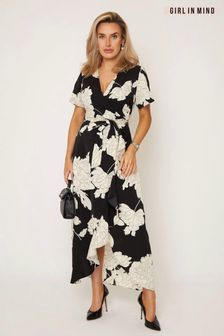Črna enobarvna cvetlična - Dolga ovita obleka Girl In Mind Farren (C97318) | €50