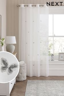 White Butterfly Embroidered Eyelet Unlined Sheer Panel Voile Curtain (C97695) | $42 - $56
