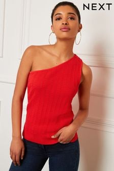 Bright Red Button Detail One Shoulder Knit Top (C97861) | €14