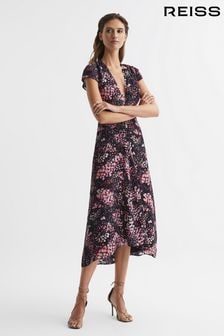 Reiss Black/Pink Amira Animal Print Fitted Midi Dress (C98992) | SGD 463