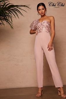 Chi Chi London Pink One Shoulder Puff Sleeve Embroidered Jumpsuit (C99266) | €68
