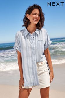 В сине-белую полоску - Short Sleeve Shirt With Linen (C99314) | €27