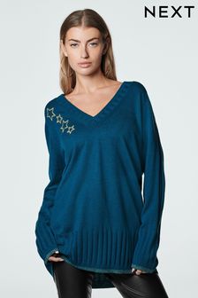 Teal Blue Printed Cosy V-Neck Long Sleeve Longline Tunic Jumper (C99461) | €14