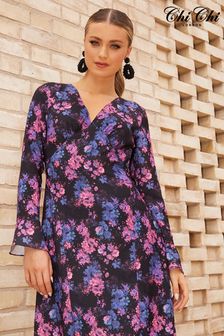 Chi Chi London Natural Long Sleeve V-Neck Floral Midi Dress (C99973) | ₪ 327