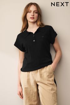 Black Linen Short Sleeve Polo Neck Top (D00035) | 155 zł