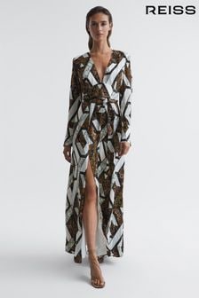 Reiss Brown Loren Snake Print Plunge Maxi Dress (D00316) | ₪ 1,954