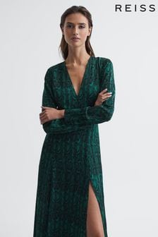 Reiss Teal Greta Long Sleeve Printed Midi Dress (D00318) | €95