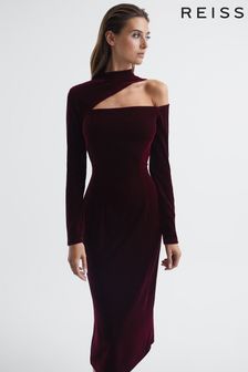 Reiss Burgundy Tatiana Regular Velvet Cut-Out Shoulder Dress (D00320) | $244