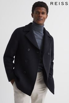 Reiss Navy Wind Shearling Mid Length Pea Coat (D00335) | €606