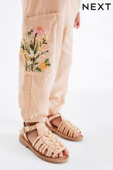 béžové - Vyšívané kalhoty s kapsami z lněné směsi (3 m -7 let) (D01152) | 530 Kč - 605 Kč