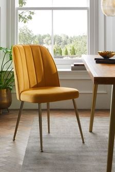 Set of 2 Soft Velvet Ochre Yellow Brushed Gold Leg Stella Non Arm Dining Chairs (D01333) | €305