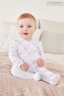 The White Company Organic Cotton Hattie Floral Frill Wrap White Sleepsuit (D01636) | AED122