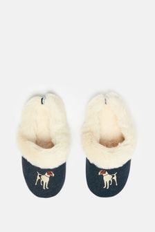 Joules Slippet Luxe Blue Faux Fur Lined Embroidered Mule Slippers (D01657) | €38