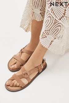 Tan Brown Forever Comfort® Leather Asymmetrical Flat Sandals (D01981) | €15