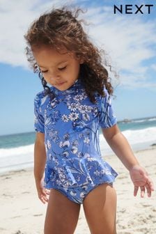 Blau/Weiß mit Blumendruck - 2-teiliger Schwimmanzug mit Sonnenschutz (3 Monate bis 7 Jahre) (D02465) | 14 € - 16 €