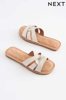 White Leather Woven Sliders (D02481) | $37 - $49