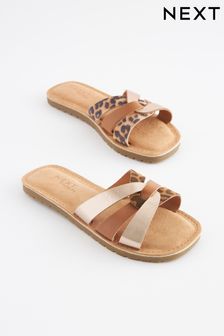Tan Brown Animal Print Leather Woven Sliders (D02489) | TRY 568 - TRY 758