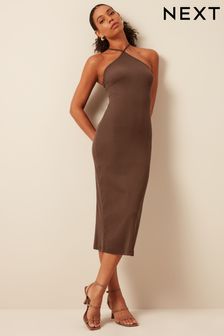 Chocolate Brown Halter Neck Ribbed Midi Dress (D02736) | €8