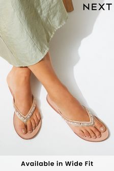 Gold Forever Comfort Leather Embellished Toe Thong Flat Sandals (D02743) | $33