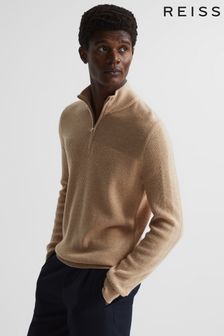 Camel mélangé - Reiss Flip Half Zip Funnel Laine-cachemire Fine Rib Jumper (D02815) | €139