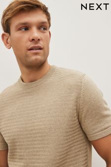 Naravna - Teksturirana pletena majica s kratkimi rokavi in okroglim ovratnikom (D03017) | €19