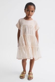 Reiss Pale Pink Luci Junior Sequin Tiered Dress (D03161) | 551 QAR