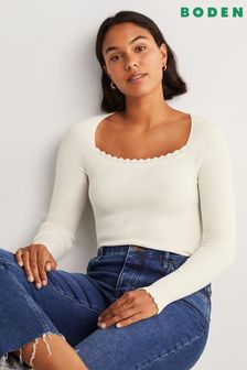 Boden Ribbed Square Neck Knitted White Top (D03472) | 87 €