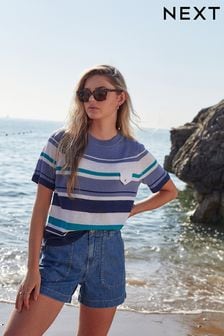 Blue Stripe Utility Pocket Detail Knitted Linen T-Shirt (D03630) | kr301