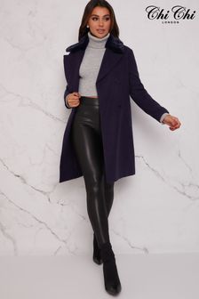 Chi Chi London Structured Double Breasted Coat with Faux Fur Collar