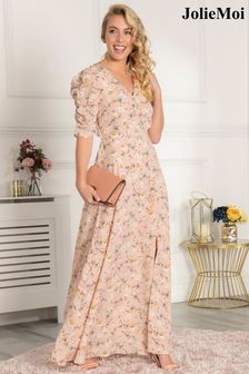 Jolie Moi - Lange roze jurk met pofmouwen (D04190) | €50