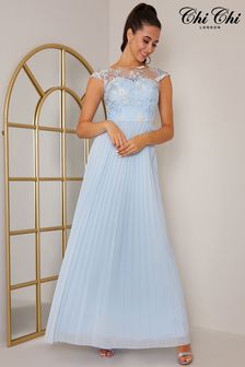Chi Chi London Blue Cap Sleeved Embroidered Bodice Maxi Dress (D04232) | €70