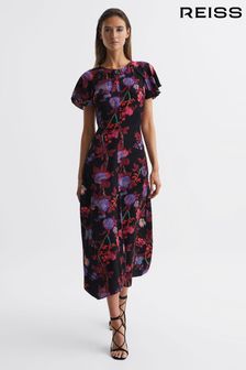 Reiss Black/Pink Leni Fitted Floral Print Midi Dress (D04377) | ₪ 1,808