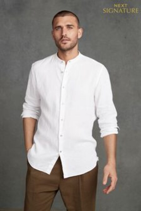 White Slim Fit Single Cuff Signature Délavé 100% Linen Trimmed Grandad Collar Shirt (D04428) | 57 €