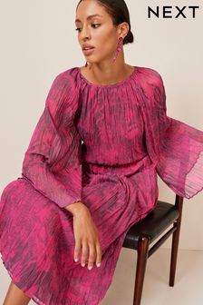 Bright Pink Floral Long Flared Sleeve Pleated Midi Dress (D04549) | $85
