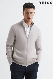 Reiss Stone Hampshire Merino Wool Funnel-Neck Cardigan (D04878) | SGD 325