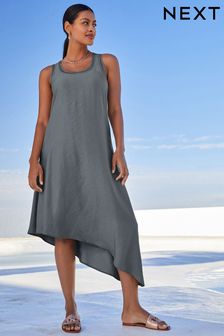 Schiefergrau - Glänzendes, asymmetrisches Sommerkleid mit U-Ausschnitt (D04896) | 26 €
