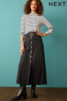 Black Belted Button Front Midi Skirt (D06257) | CHF 44