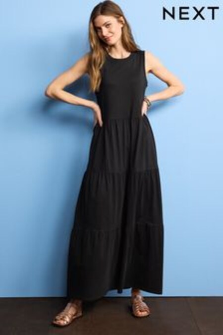 Черный - Хлопковое платье макси без рукавов с круглым вырезом (D06304) | 16 400 тг
