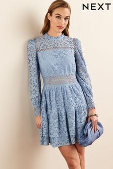 Niebieski - Sukienka koronkowa mini z długim rękawem (D06306) | 423 zł