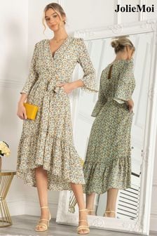 Rumena srednje dolga obleka z večslojno obrobo Jolie Moi Geelan (D06338) | €40