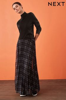 Charcoal Grey Checked Pleated Mesh Maxi Skirt (D07027) | TRY 808