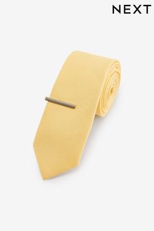 Yellow Slim Textured Tie And Clip (D07230) | €15