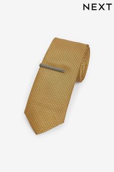 Mustard Yellow Slim Textured Tie And Clip (D07237) | $32