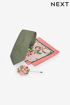 Olive Green/Pink Floral Tie, Pocket Square And Lapel Pin Set (D07445) | 23 €