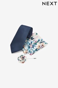 Blue Floral Tie And Pocket Square And Lapel Pin Set (D07446) | $39