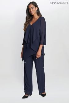 Gina Bacconi Blue Wilma Two Piece Pantsuit With Asymmetric Cascade Ruffle Blouse With Crystal Drop (D07477) | 390 €